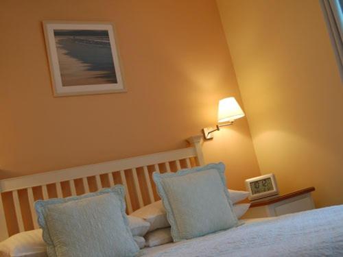 佩恩顿amber house hotel的一间卧室配有一张带蓝色枕头和一盏灯的床。