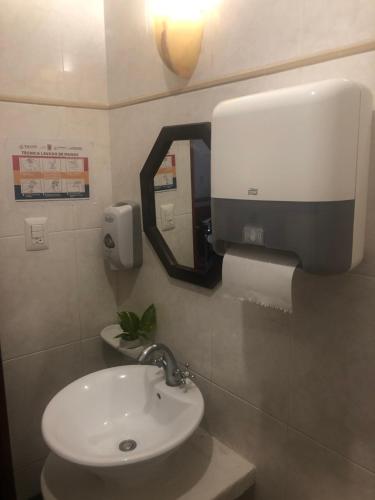 坎佩切卡斯特尔玛酒店的浴室设有水槽和墙上的镜子
