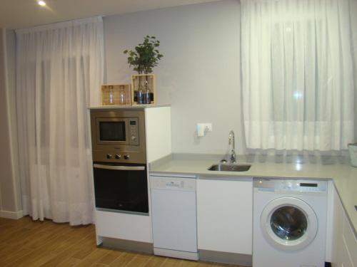 桑坦德Apartamentos LA PEREDA SANTANDER的厨房配有洗衣机和微波炉。