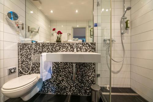 埃森Hotel An der Gruga的浴室配有卫生间、盥洗盆和淋浴。