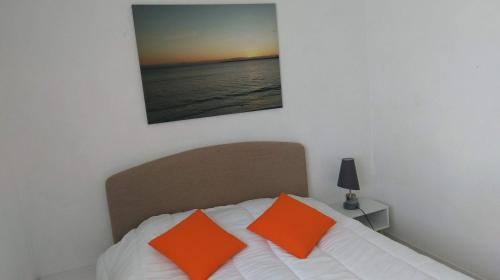 特雷甘克À moins de 100 mètres de la mer a la pointe de Trevignon的一间卧室配有带橙色枕头的床