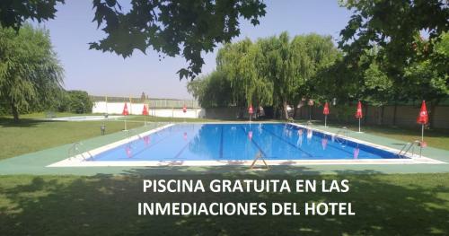阿索维斯波新镇Hotel Plaza Manjón的公园里的一个游泳池,里面的单词 想象的 ⁇ 
