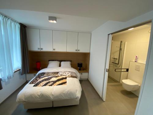 杜柏Résidence La Poivrière的一间卧室配有一张床,浴室设有淋浴。
