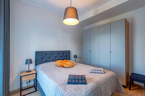 塔尔图Artisa Riia Str 20B Luxury Penthouse apartment的一间卧室配有带橙色枕头的床