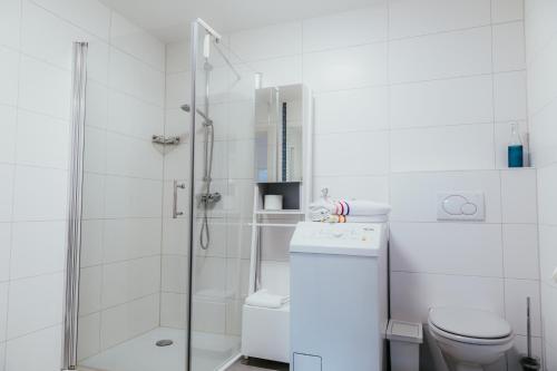 梅肯博伊伦Ferienwohnung "Köhler" am Bodensee的带淋浴和卫生间的白色浴室