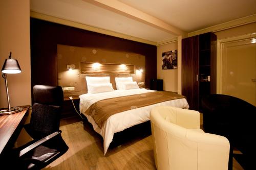 Heeswijk-DintherRaadhuis Dinther Suites的配有一张床和一把椅子的酒店客房