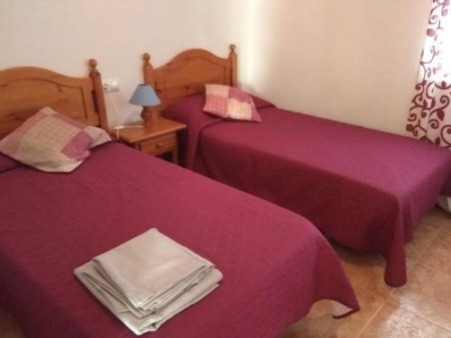 科尼尔-德拉弗龙特拉Apartamento La Atalaya C-110的紫色床单的客房内的两张床
