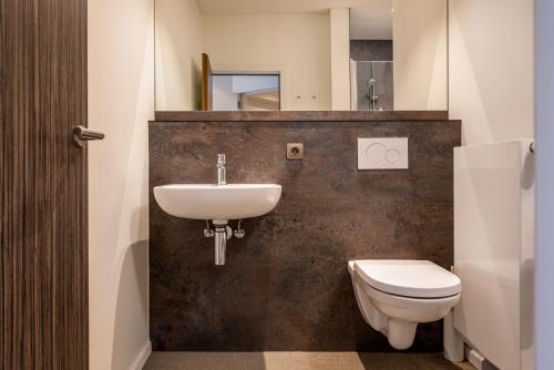 布鲁日中央酒店 _x000D_的一间带水槽和卫生间的浴室