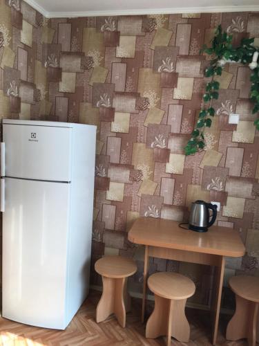 基辅Ekonom v Tsentre Kieva的厨房配有冰箱、桌子和凳子