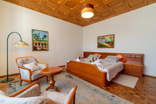 卡尔达斯达·赖尼亚Refúgio Rural - Eco Villa的一间卧室配有一张床和一把椅子