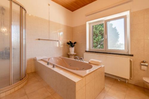 卡尔达斯达·赖尼亚Refúgio Rural - Eco Villa的一间带大浴缸和窗户的浴室