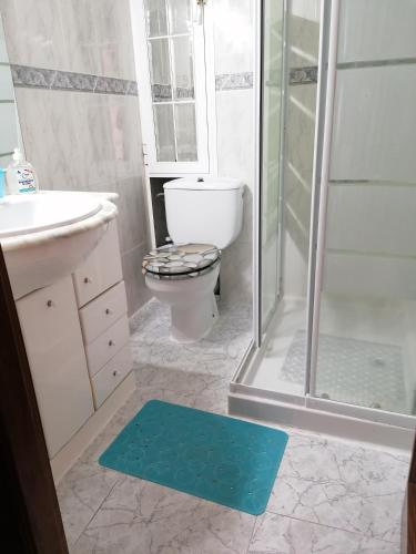 瓦伦西亚PISO EN MALVARROSA的一间带卫生间和淋浴的浴室以及蓝色地毯。