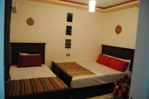 阿莱曼Badr Deluxe Apartments - Families Only的宿舍间内的两张床,配有红色枕头
