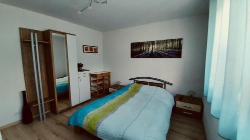 DonatyreChambre d'hôte "Minergy"的一间卧室配有一张床和镜子