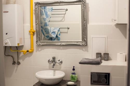 格丁尼亚Jednopokojowe mieszkanie w centrum Gdyni的一间带水槽和镜子的浴室