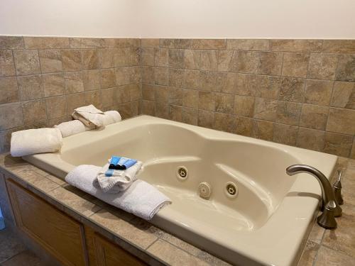 乔治湖格鲁吉亚度假酒店的白色浴缸上方配有毛巾