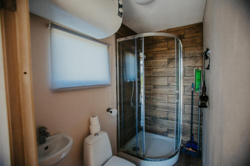 尤卡尔内Laukbalozu camping的带淋浴、卫生间和盥洗盆的浴室
