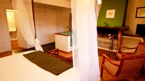塞尔塞迪利亚纳瓦梅迪奥酒店的一间卧室设有一张床,客厅设有壁炉。