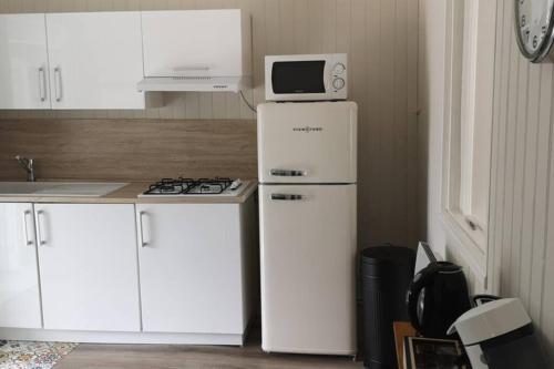 滨海卡约La cabine en Baie de Somme的厨房配有冰箱上方的微波炉