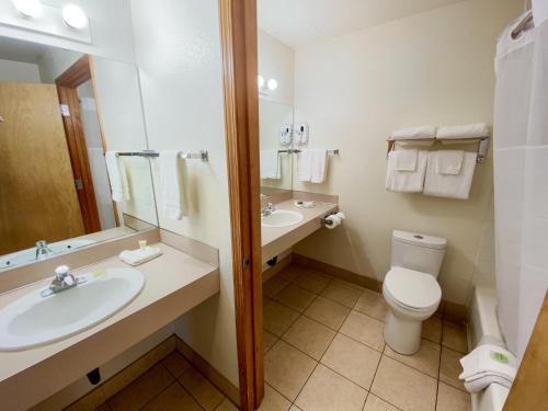 姊妹城Sisters Inn & Suites的一间带水槽、卫生间和镜子的浴室