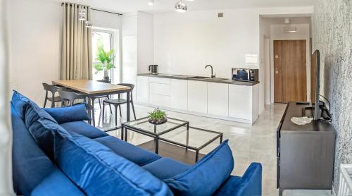 斯扎瓦诺泽德霍Corso No 7 APARTMENT的一间带蓝色沙发的客厅和一间厨房