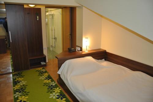 卢布尔雅那克梅茨基赫拉姆旅馆的一间卧室设有一张床和一个步入式淋浴间。