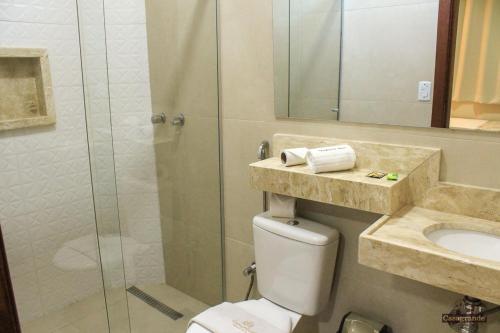 奥林匹亚Casagrande Olímpia Hotel的带淋浴、卫生间和盥洗盆的浴室