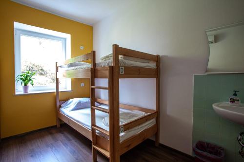 波尔托罗Hostel Trobenta in Oblak的配有2张双层床的带水槽和窗户的客房