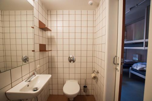 新鲁汶Gîte Mozaïk的一间带卫生间和水槽的小浴室