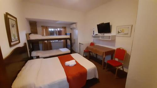 蒙得维的亚Hotel Gaviota的酒店客房配有一张床、一张书桌和一台电视。