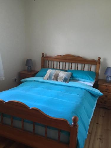邓法纳希Hornhead Mews, Hornhead的一间卧室配有一张带蓝色床单的木床。