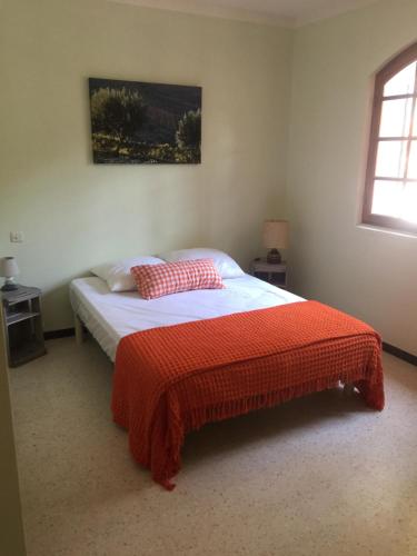 邦多勒Villa provençale – grand jardin - 2 chambres的一间卧室配有一张床铺,床上铺有红色毯子