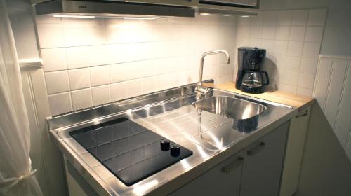TranstrandMannflogården Bed & Breakfast , Sälenfjällen的厨房配有不锈钢水槽和搅拌机