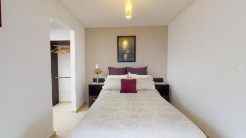 托卢卡Casa muy acogedora con excelente ubicación, cerca Centro dinámico Pegaso, Parques industriales, Aeropuerto Toluca的卧室配有一张带紫色枕头的大型白色床。