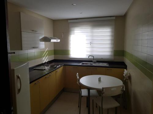比塞大Andalucia appart hoteL的厨房配有桌子、水槽和窗户