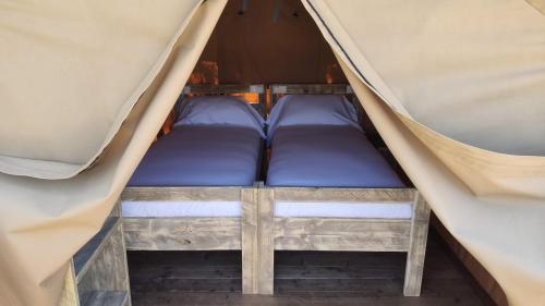 NavecesCamping Las Gaviotas的帐篷内的两张床和紫色床单