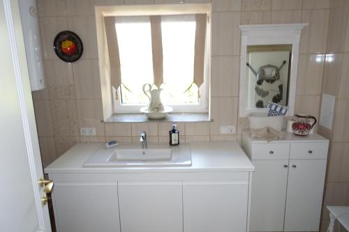 迪勒维尔纳Sodyba Almadojus的白色的厨房设有水槽和窗户
