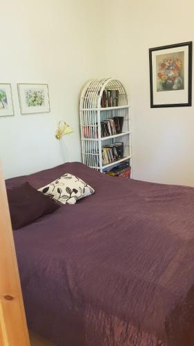 MårbyMårbys Gästrum的一间卧室配有紫色的床和书架