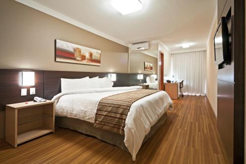 圣湖镇Ramada Hotel & Suites Lagoa Santa By Wyndham的配有一张床和一台平面电视的酒店客房