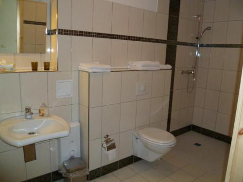 约阿希姆斯塔尔Fahrradpension-Joachimsthal的浴室配有卫生间、盥洗盆和淋浴。