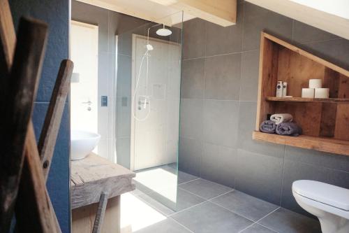 阿彭策尔NEU renoviert - Bitzi Appenzell – Mit Aussicht的带淋浴、卫生间和盥洗盆的浴室