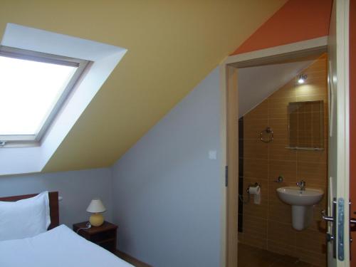 热舒夫泊克叶盖斯内民宿的一间卧室配有一张床、淋浴和盥洗盆