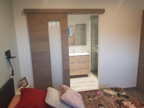 热拉梅La Ferme Du Levant的浴室设有床、水槽和镜子