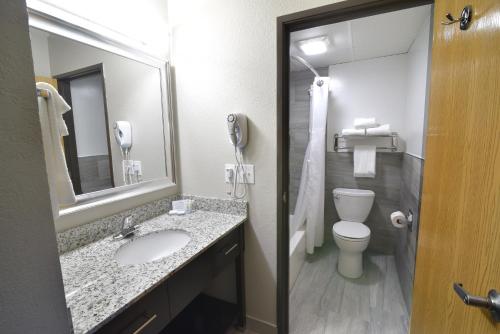 弗林特弗林特机场套房贝斯韦斯特优质酒店的一间带水槽、卫生间和镜子的浴室