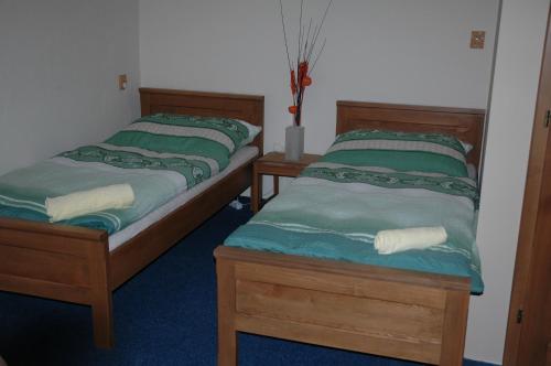 帕尔杜比采姆拉泽克酒店的两张睡床彼此相邻,位于一个房间里