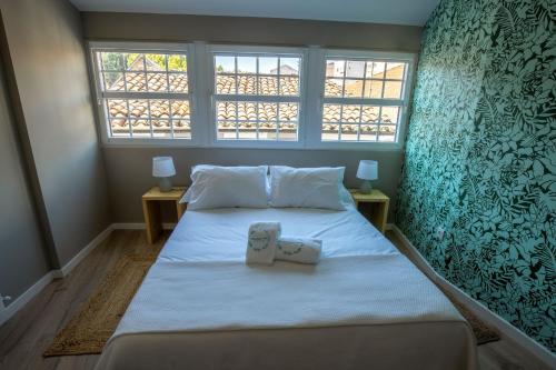 布拉干萨Secret Garden in Bragança的一间卧室设有一张大床和两个窗户