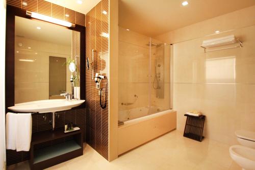 波尔图博阿维斯塔贝飒酒店的一间带水槽、淋浴和卫生间的浴室