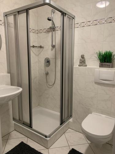 拉尔Casa Blanca am Herzzentrum Lahr的带淋浴、卫生间和盥洗盆的浴室