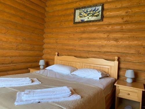 RostokaMonte Vista的小木屋内一间卧室,配有两张床