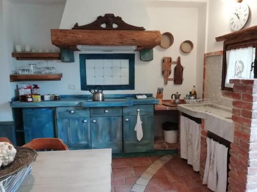 奥瓦达卡希纳布里克公寓的厨房配有蓝色橱柜和水槽